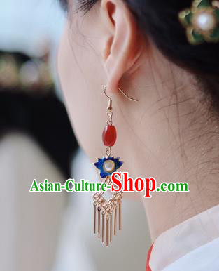 Traditional Chinese Handmade Agate Earrings Ancient Hanfu Court Blueing Lotus Ear Accessories for Women