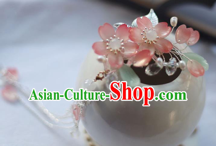 Handmade Chinese Pink Hair Claws Traditional Classical Hanfu Hair Accessories Ancient Sakura Tassel Hairpins for Women