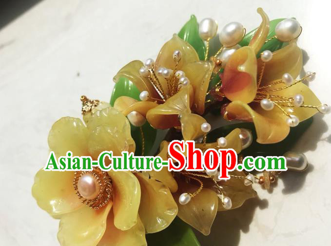 Handmade Chinese Court Pearls Hairpins Traditional Classical Hair Accessories Ancient Qing Dynasty Princess Yellow Flowers Hair Clip for Women