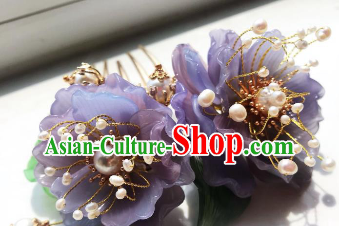 Handmade Chinese Court Hairpins Traditional Classical Hair Accessories Ancient Qing Dynasty Princess Purple Peony Hair Comb for Women
