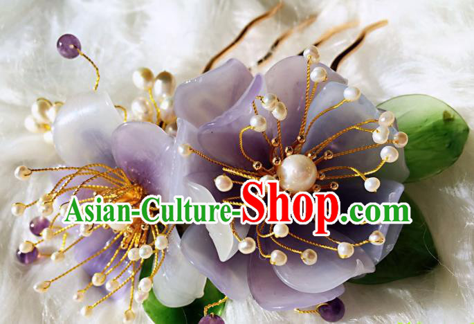 Handmade Chinese Classical Amethyst Beads Hairpins Traditional Hair Accessories Ancient Qing Dynasty Purple Peony Hair Comb for Women