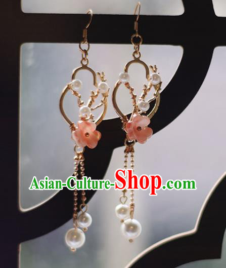 Traditional Chinese Handmade Pink Plum Earrings Ancient Hanfu Tassel Ear Accessories for Women