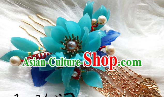 Handmade Chinese Court Blue Flowers Hair Comb Traditional Classical Hair Accessories Ancient Qing Dynasty Golden Tassel Hairpins for Women
