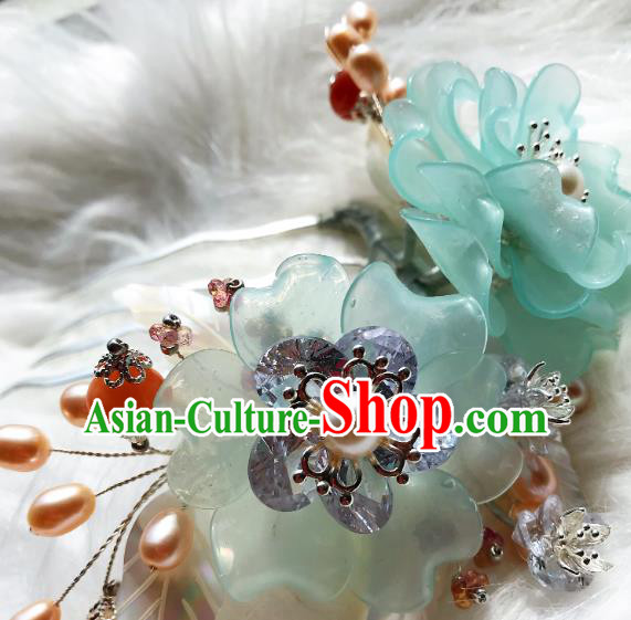 Handmade Chinese Court Green Peony Hair Comb Traditional Classical Hair Accessories Ancient Qing Dynasty Pearls Hairpins for Women
