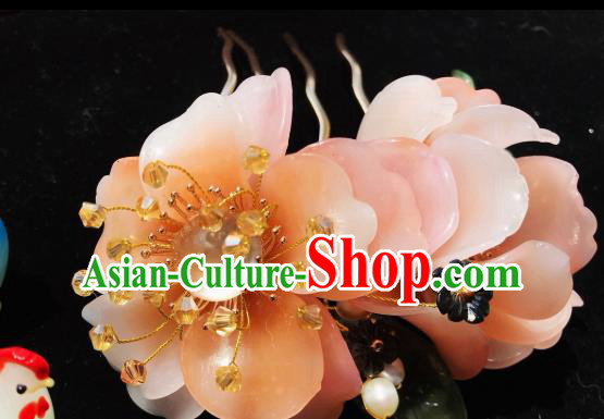 Handmade Chinese Court Pink Peony Hair Comb Traditional Classical Hair Accessories Ancient Qing Dynasty Albite Hairpins for Women