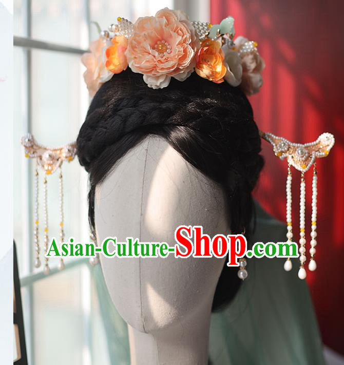 Handmade Chinese Song Dynasty Flowers Hair Crown Traditional Classical Hanfu Hair Accessories Ancient Empress Shell Hair Clasp for Women
