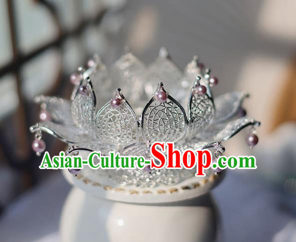 Handmade Chinese Classical Pink Pearls Lotus Hair Crown Traditional Hair Accessories Ancient Hanfu Hairpins for Women