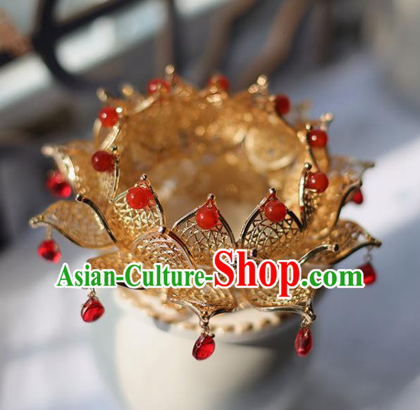 Handmade Chinese Classical Red Beads Hair Crown Traditional Hair Accessories Ancient Hanfu Golden Lotus Hairpins for Women
