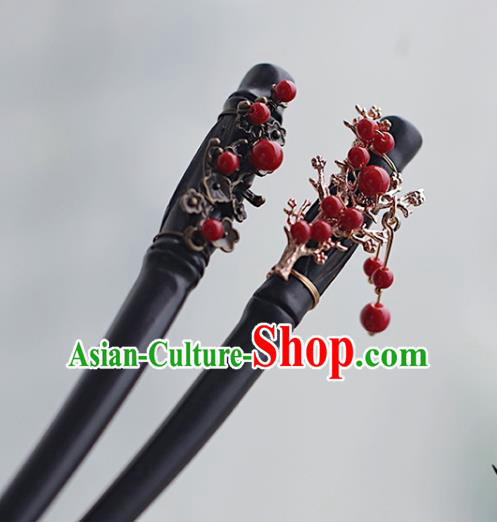 Handmade Chinese Classical Red Beads Hair Clip Traditional Hair Accessories Ancient Hanfu Carving Plum Ebony Hairpins for Women