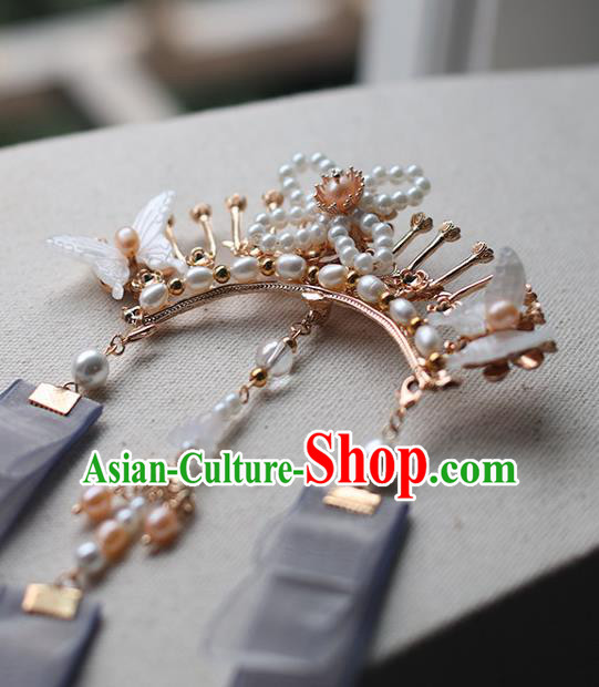 Handmade Chinese Classical Pearls Hairpins Traditional Hair Accessories Ancient Hanfu Purple Ribbon Hair Claw for Women