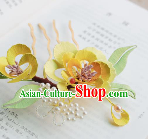 Handmade Chinese Classical Yellow Silk Flowers Hairpins Traditional Hair Accessories Ancient Qing Dynasty Court Peony Hair Comb for Women