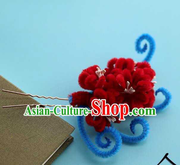 Handmade Chinese Qing Dynasty Hairpins Traditional Classical Hair Accessories Ancient Red Velvet Chrysanthemum Hair Clip for Women