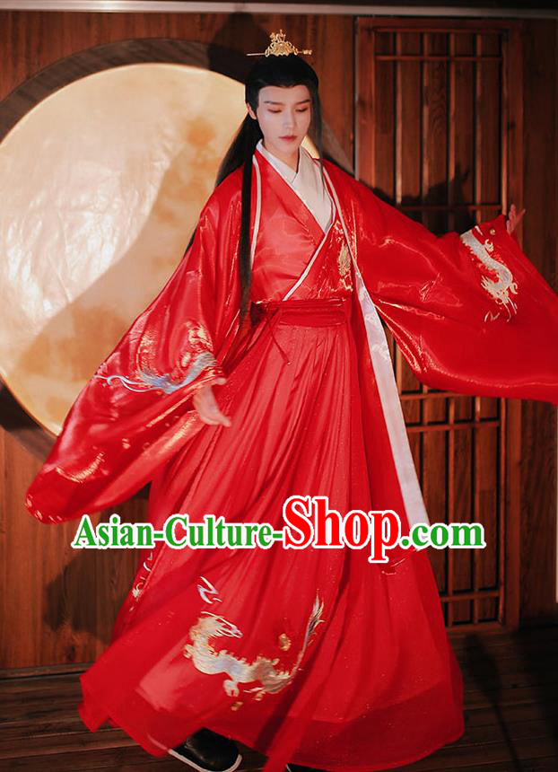 Chinese Traditional Ming Dynasty Prince Hanfu Garment Ancient Wedding Historical Costumes Red Cloak Shirt and Skirt Full Set