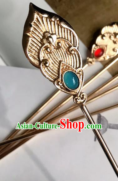 Handmade Chinese Tang Dynasty Blue Glass Hair Clip Traditional Hair Accessories Ancient Court Golden Hairpins for Women
