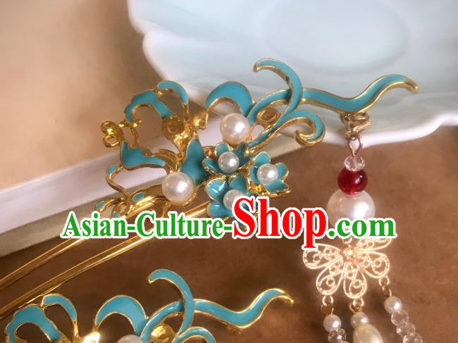 Handmade Chinese Ming Dynasty Blue Hair Clip Traditional Hair Accessories Ancient Court Tassel Hairpins for Women