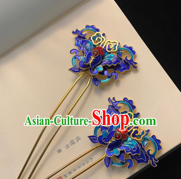 Handmade Chinese Qing Dynasty Queen Hair Clip Traditional Hair Accessories Ancient Court Blueing Butterfly Hairpins for Women