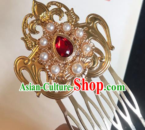 Handmade Chinese Tang Dynasty Golden Hair Comb Traditional Hair Accessories Ancient Court Red Crystal Hairpins for Women