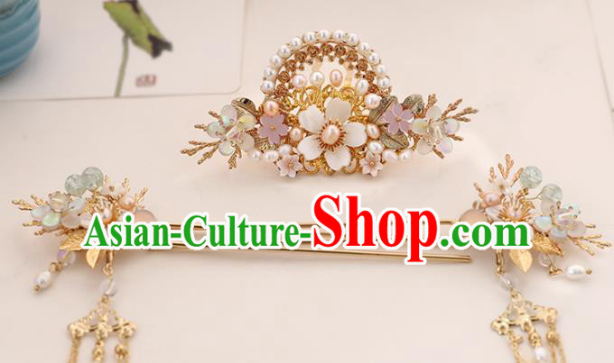 Chinese Classical Wedding Pearls Hair Crown Traditional Bride Hair Accessories Handmade Hanfu Tassel Hairpins and Hair Comb Full Set