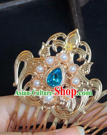 Handmade Chinese Tang Dynasty Golden Hair Comb Traditional Hair Accessories Ancient Court Blue Crystal Hairpins for Women