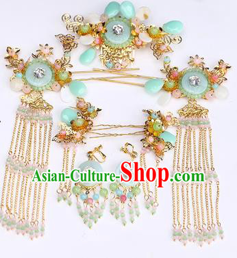 Chinese Classical Wedding Green Ring Hair Comb Traditional Bride Hair Accessories Handmade Hanfu Tassel Hairpins and Earrings Complete Set