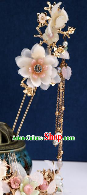 Handmade Chinese Classical Tassel Hairpins Traditional Hair Accessories Ancient Hanfu Court Champagne Silk Flowers Hair Clip for Women