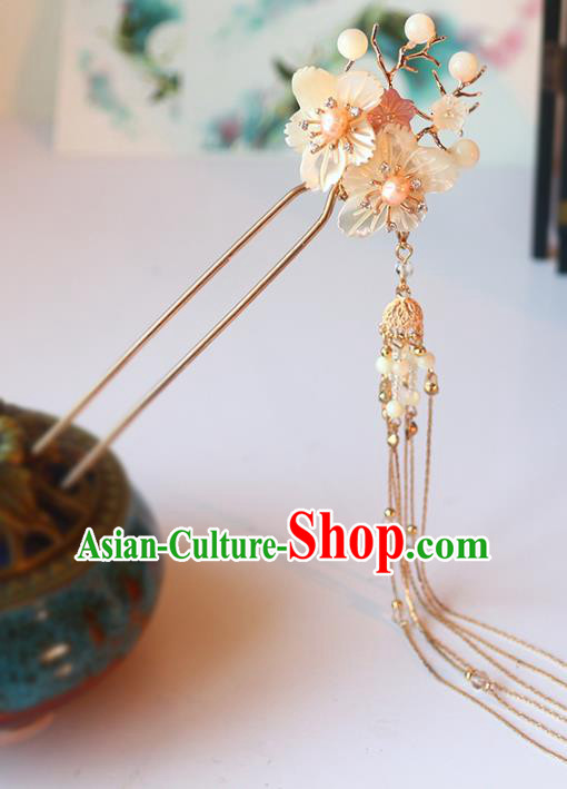 Handmade Chinese Classical Shell Plum Hair Clip Traditional Hair Accessories Ancient Hanfu Golden Tassel Hairpins for Women
