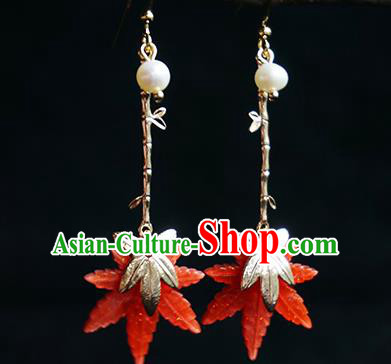 Traditional Chinese Handmade Maple Leaf Earrings Ancient Hanfu Court Red Ear Accessories for Women