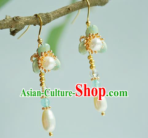 Chinese Handmade Green Flower Earrings Traditional Hanfu Ear Jewelry Accessories Classical Pearl Tassel Eardrop for Women