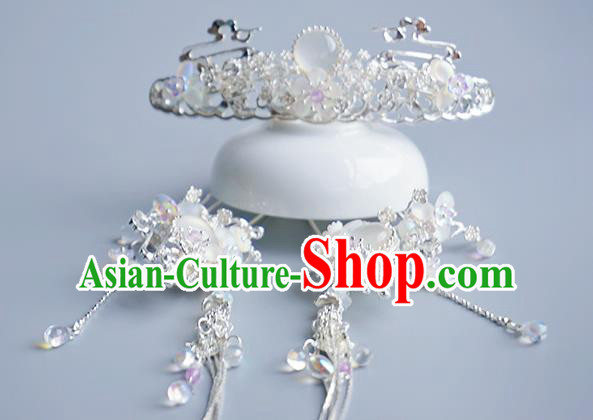 Chinese Classical Wedding Albite Hair Comb Traditional Bride Hair Accessories Handmade Hanfu Argent Tassel Hairpins Complete Set