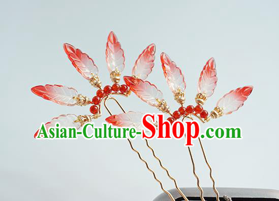 Handmade Chinese Red Leaf Hair Clip Traditional Hair Accessories Ancient Hanfu Classical Argent Hairpins for Women