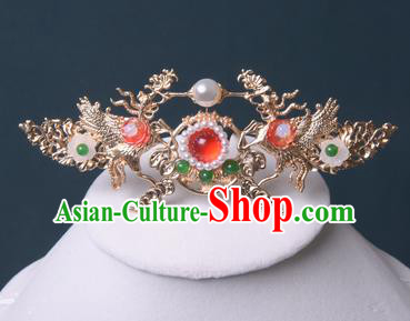Chinese Traditional Hanfu Golden Phoenix Hair Crown Hair Accessories Handmade Ming Dynasty Pearls Hairpins for Women