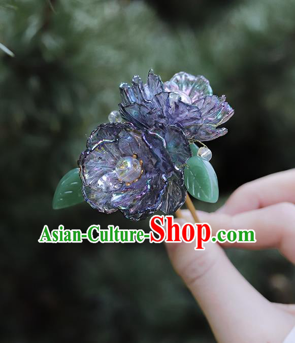 Handmade Chinese Hanfu Purple Camellia Hair Clip Traditional Hair Accessories Ancient Princess Flowers Hairpins for Women