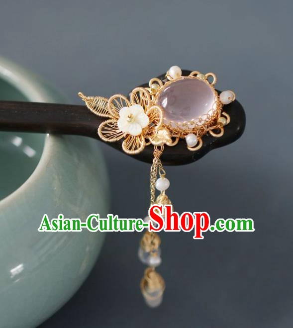 Handmade Chinese Cheongsam Silk Flower Hair Clip Traditional Hanfu Hair Accessories Pink Chalcedony Ebony Hairpins for Women