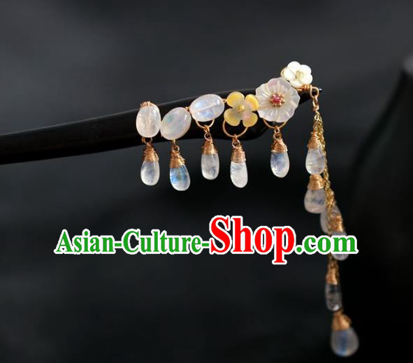 Handmade Chinese Cheongsam Moonstone Hair Clip Traditional Hanfu Hair Accessories Ebony Tassel Hairpins for Women