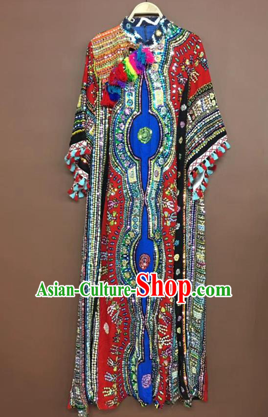 Thailand Traditional Embroidered Beads Red Dress Asian Thai National Beach Dress Photography Costumes for Women