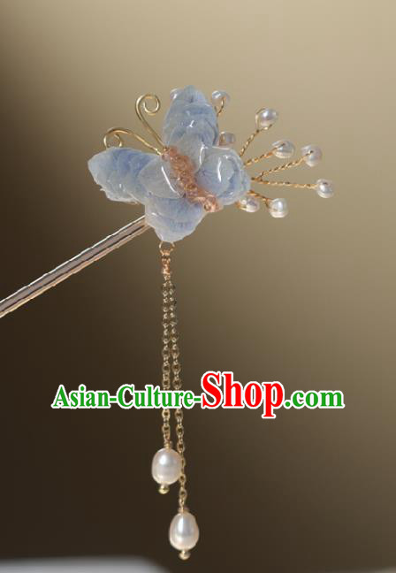 Chinese Cheongsam Light Blue Butterfly Hair Clip Traditional Hanfu Hair Accessories Handmade Pearls Tassel Hairpins for Women