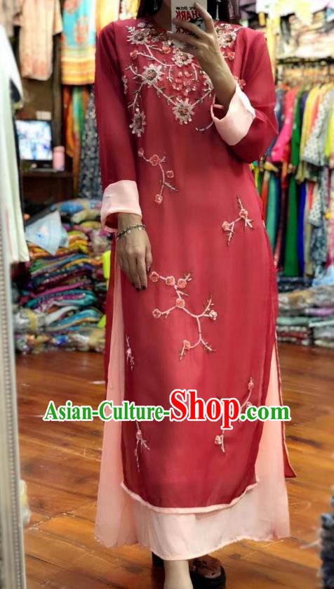 Thailand Traditional Handmade Embroidery Red Dress Photography Asian Indian National Informal Costumes for Women