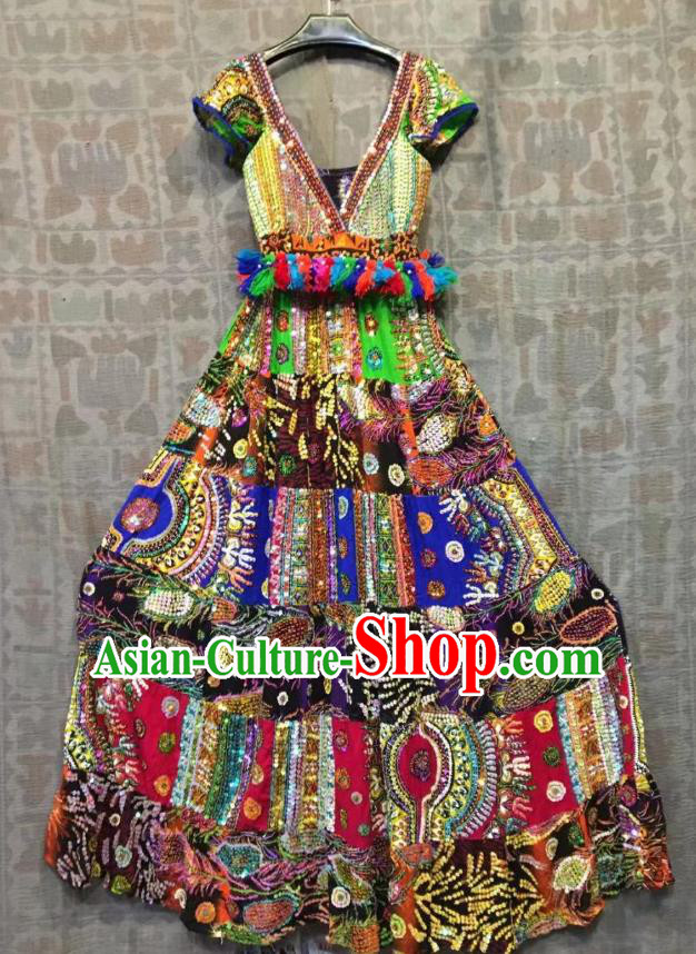 Thailand Traditional Handmade Colorful Sequins Purple Dress Photography Asian Thai National Embroidered Peacock Beach Costumes for Women