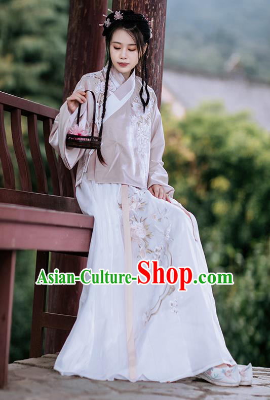 Chinese Ancient Ming Dynasty Costumes Traditional Hanfu Garment Young Lady Embroidered Pink Blouse and Skirt Full Set