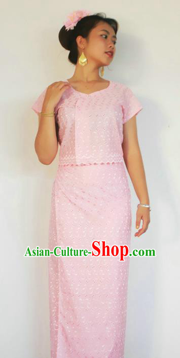 Chinese Dai Nationality Dance Costumes Traditional Dai Ethnic Pink Blouse and Straight Skirt Full Set for Women