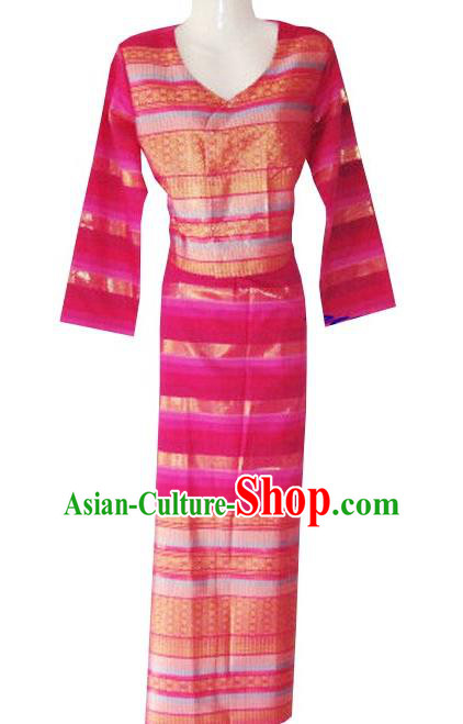 Chinese Dai Nationality Folk Dance Costumes Traditional Dai Ethnic Stage Show Rosy Blouse and Straight Skirt for Women