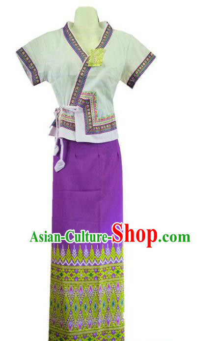 Chinese Dai Nationality Stage Show Outfit Costumes Traditional Dai Ethnic Folk Dance White Blouse and Purple Straight Skirt Complete Set