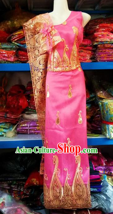 Traditional Chinese Dai Nationality Pink Blouse and Straight Skirt Outfit Dai Ethnic Dance Costumes with Tippet Veil