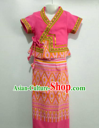 Chinese Dai Nationality Girl Dress Costumes Traditional Dai Ethnic Children Peach Pink Blouse and Straight Skirt for Kids