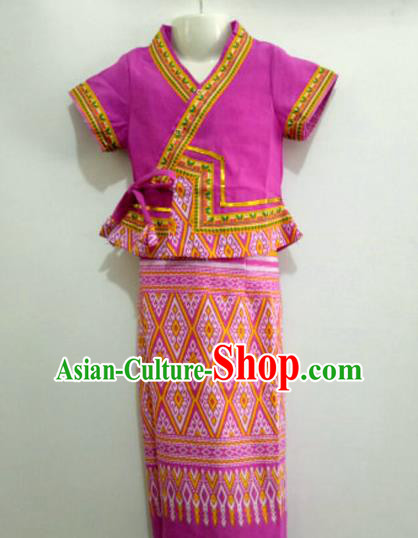Chinese Dai Nationality Girl Dress Costumes Traditional Dai Ethnic Children Purple Blouse and Straight Skirt for Kids