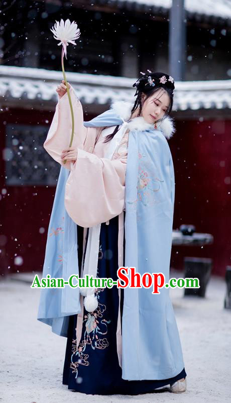 Chinese Ming Dynasty Embroidered Blue Woolen Cloak Costumes Traditional Ancient Hanfu Garment Winter Long Cape for Women