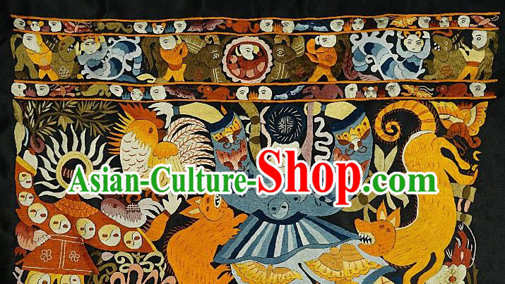Chinese Traditional Embroidered Cock Tiger Fabric Patches Handmade Embroidery Craft Miao Ethnic Embroidering Applique Accessories
