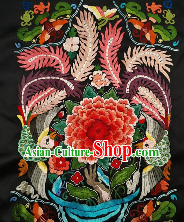 Chinese Traditional Embroidered Peony Fabric Patches Handmade Embroidery Craft Miao Ethnic Accessories Embroidering Green Phoenix Applique