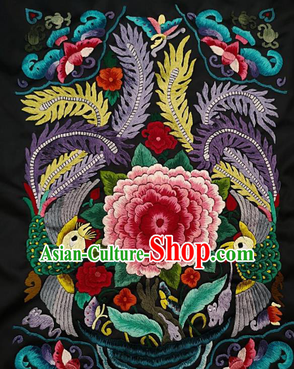 Chinese Traditional Embroidered Red Peony Fabric Patches Handmade Embroidery Craft Miao Ethnic Accessories Embroidering Green Phoenix Applique