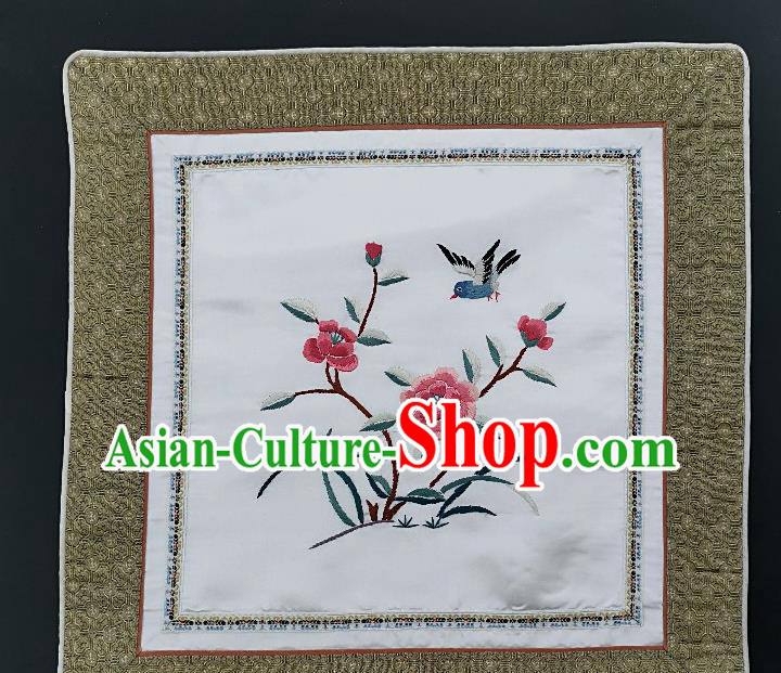 Traditional Chinese Embroidered Peony Flowers Fabric Patches Handmade Embroidery Craft Accessories Embroidering Bird White Silk Cushion Applique
